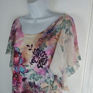 Mushbaby Sienna Rose Shirt Womens Medium Multicolor Floral Flutter Sleeve Ruched